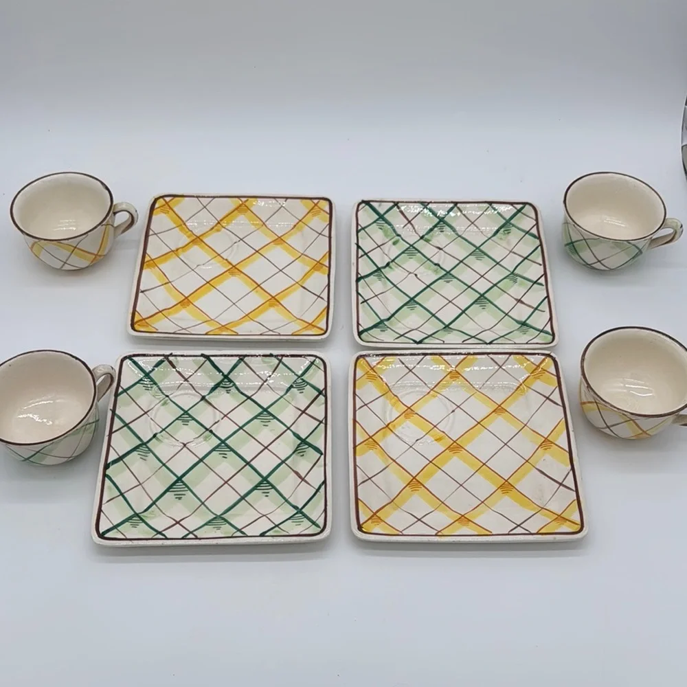 Vintage Italian Plaid Ceramic Cup and Saucer Snack Set Hand Painted in Italy